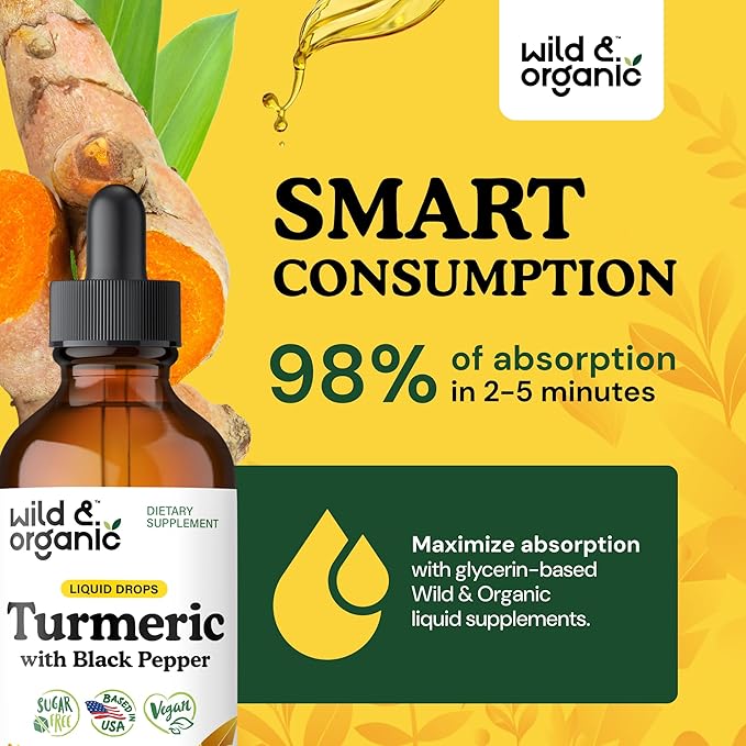 Wild & Organic Turmeric Supplement Liquid Drops - Movement & Immune Support - Liquid Turmeric with Black Pepper Extract - Add to Tea Tincture - Curcumin Supplements - Sugar & Alcohol-Free - 4 fl oz