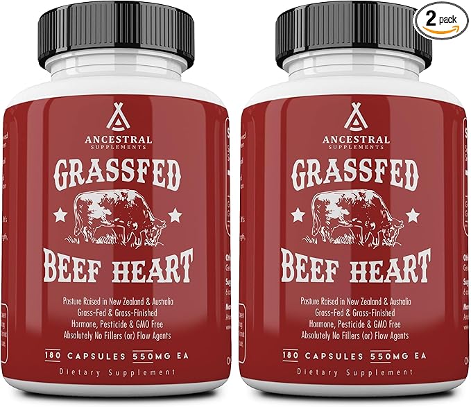 Ancestral Supplements Grass Fed Beef Heart Supplement, 3300mg, CoQ10 Supplement Supports Heart and Mitochondrial Health, Non-GMO, 180 Capsules (Pack of 2)