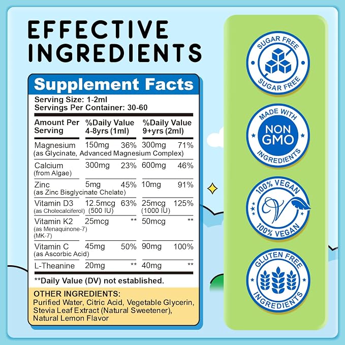 (2 Pack) Magnesium Glycinate Liquid for Kids, Kids Magnesium Liquid Drops Supplement with L-Theanine, Calcium, Zinc, Vitamin D3 K2 for Sleep Calm Relaxation Brain Bones Focus, Lemon Flavor 4 Fl Oz