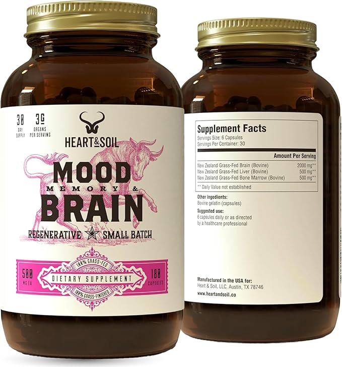 HEART & SOIL – 100% Grass Fed & Finished Beef Brain Supplement from Regenerative Cattle – for Cognitive Function & Memory – 3000mg Focus Supplement with Beef Organs – Glass Bottle – 180 Capsules