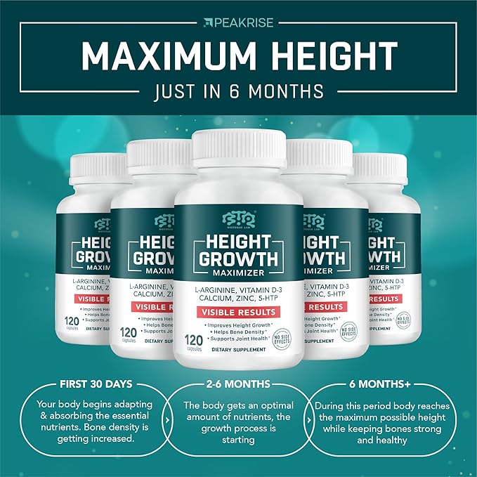 Height Growth Maximizer, Calcium, Vitamin D3 and Zinc Blend Pills, Bone Growth Supplement for Kids and Teens, Bone Strength, Density Support, GMO-Free, Gluten-Free, Made in USA, 120 Caps