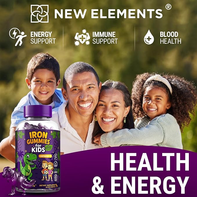 New Elements Iron Dinosaur Gummies for Kids with Vitamin C | Sugar-Free, Vegan, Gluten-Free & Non-GMO | Anemia Relief, Energy & Blood Health Support | Grape Flavor, Pectin-Based for Optimal Health