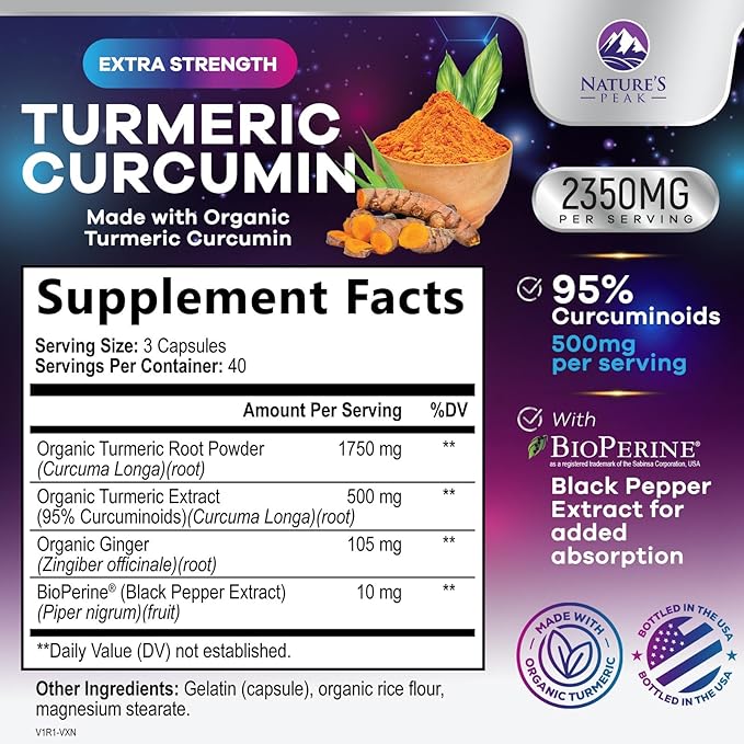 Turmeric Curcumin Supplement - 1750mg Organic Turmeric Per Serving - 95% Curcuminoids, Ginger & BioPerine Black Pepper for Best Absorption - Natural Vegan Joint Support, Bottled in USA - 360 Capsules