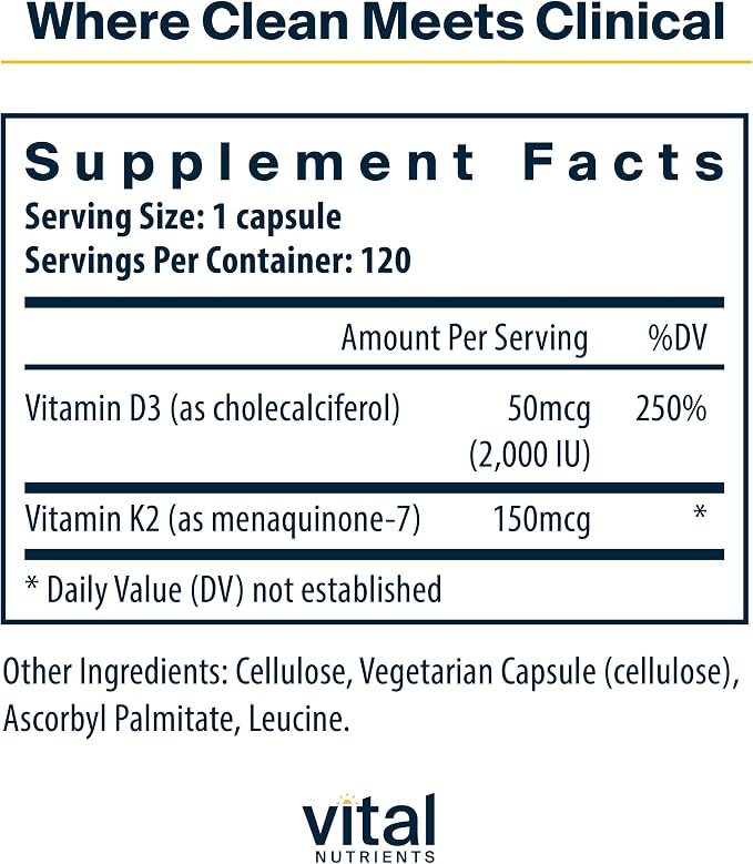 Vital Nutrients Vitamin D3 + K2 | 2000 IU | Vitamin D3 K2 Supplement | Vitamin D Complex for Healthy Calcium Levels, Muscle & Bone Health | Gluten, Dairy, Soy Free | 120 Capsules