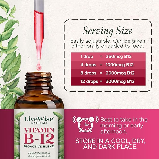 Organic Vitamin B12 1000 mcg Sublingual Liquid Drops For Adults, 1 Year+ Supply - 2 oz, Methylcobalamin & Adenosylcobalamin - Bioactive Blend for Energy, Clarity & Focus - Vegan, Non-GMO, Unflavored
