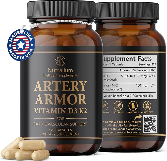 Vitamin D3 K2 Supplement 5000 IU 100 mcg MK7 – High Potency D3+K2 Capsules for Artery Health, Heart Support & Strong Bones Non-GMO Third-Party Tested d3+k2 Vitamin Supplement Artery Armor -120 Count