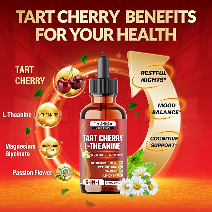 Tart Cherry Extract Liquid Drops - 6in1 with L-Theanine, Magnesium Glycinate, Passion Flower, Chamomile, Lemon Balm - Vegan, Non-GMO - 30ml 1 Fl Oz