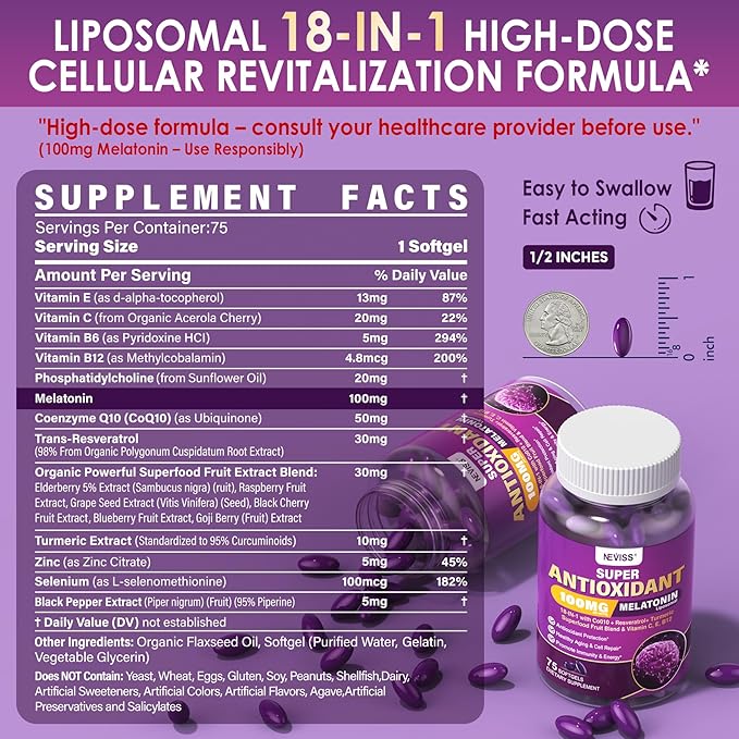 Melatonin 100mg for Antioxidant & Cognitive Health, Ultra High Dose Melatonin with CoQ10, Turmeric, Trans-Resveratrol, Vitamin B12 C E for Brain Anti-Aging, Cellular Repair and Energy, 150 Softgels