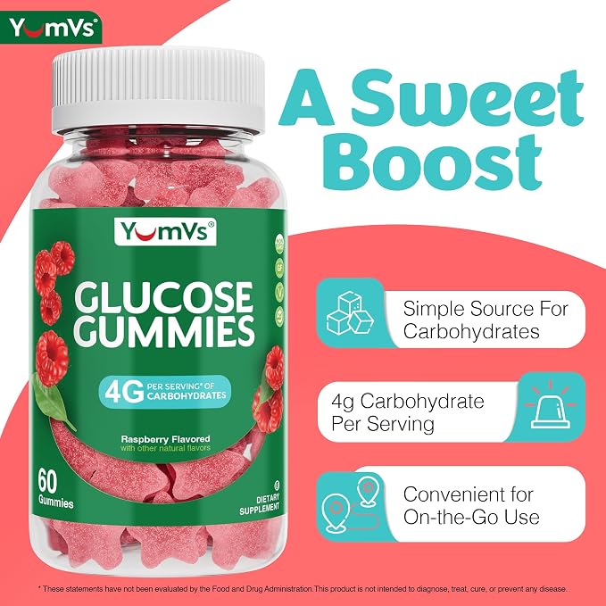 YUM-V'S Glucose Gummies – Fast Acting Glucose Chewable Gummies – Great Tasting – Gluten Free, Vegan, Non-GMO – Berry Natural Flavor – 60 Chewable Gummy for Adults & Kids