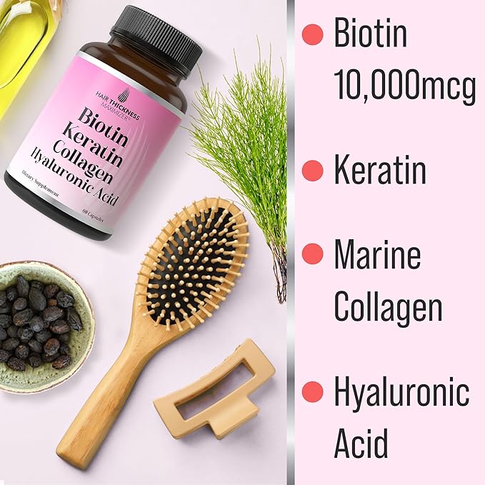 Biotin + Keratin + Marine Collagen + Hyaluronic Acid, 4-in-1 Hair Growth Vitamins with 10000mcg Biotin Capsules, Thickening Complex for Women & Men with Hair Thinning