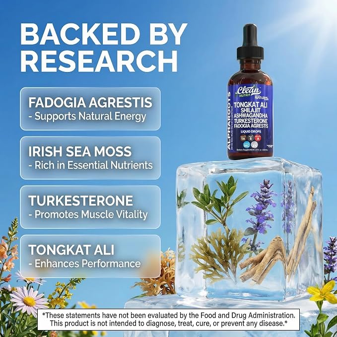 Tongkat Ali Liquid Drops Shilajit, Ashwagandha, Turkesterone, Fadogia Agrestis, Magnesium, Irish Sea Moss, and Zinc Herbal Supplement by Clean Nutra