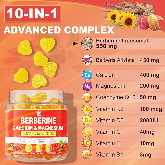 Berberine Gummies Sugar Free, Extra Absorption with Liposomal Berberine & Berberine HCI, Calcium, Magnesium, AMPK Activitor for Sugar & Level, Energy, Metabolism,Vegan, Pack of 1