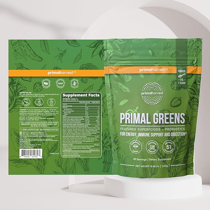 Primal Harvest Greens Powder & Vision Supplements for Women and Men Vision and Eye Support Complex with Lutein, Zeaxanthin Bundle