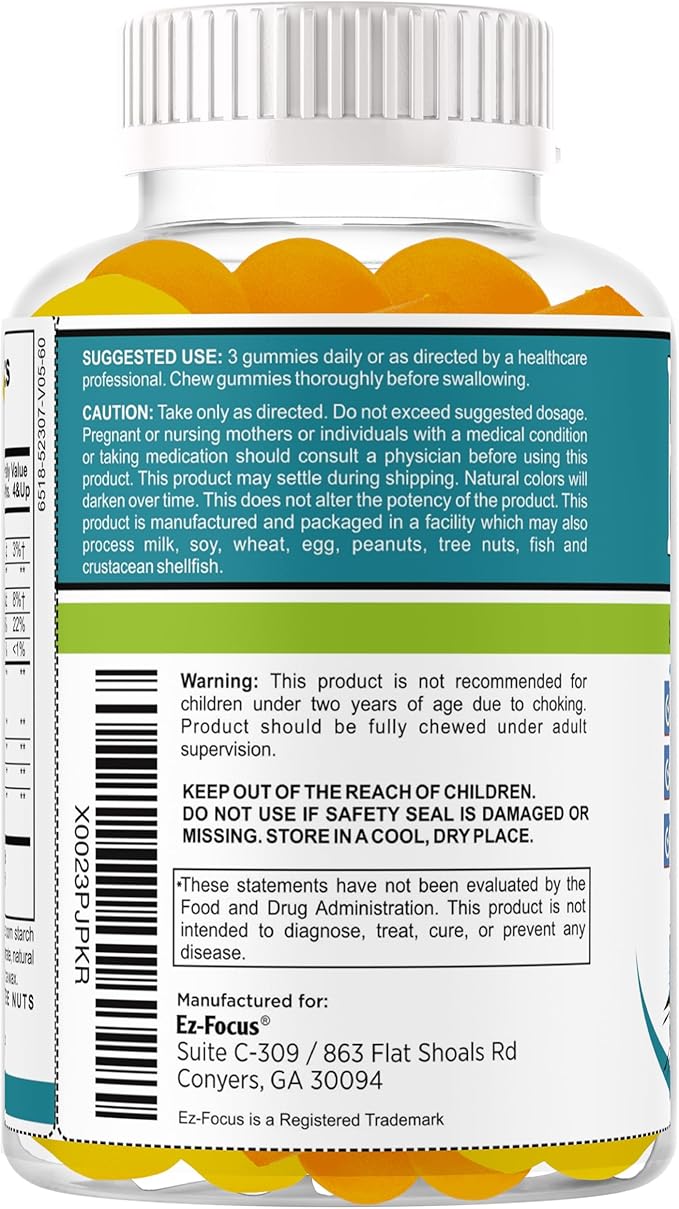 Ez-Focus Gummies for Kids, Teens and Youth – Brain Focus, Memory & Attention Support, DHA & Omega-3 for Kids, Concentration and Focus Supplement, Calm and Study Brain Vitamins 60 ct