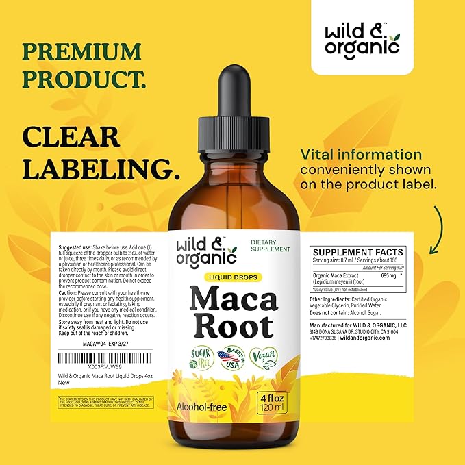 Wild & Organic Maca Root Liquid Drops for Men & Women - Peruvian Maca Tincture for Overall Support - Vegan, Sugar & Alcohol-Free Supplement - 4 fl oz