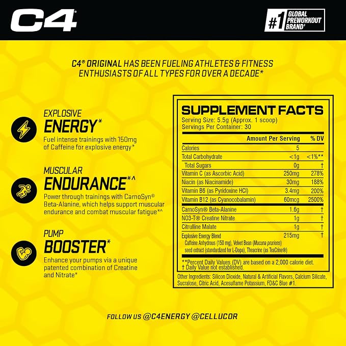 C4 Original Pre-Workout Powder For Endurance, Focus & Performance with 150mg Caffeine, Beta-Alanine, Creatine, Sugar Free Pre-Workout for Men & Women, 30 Servings, Frozen Bombsicle