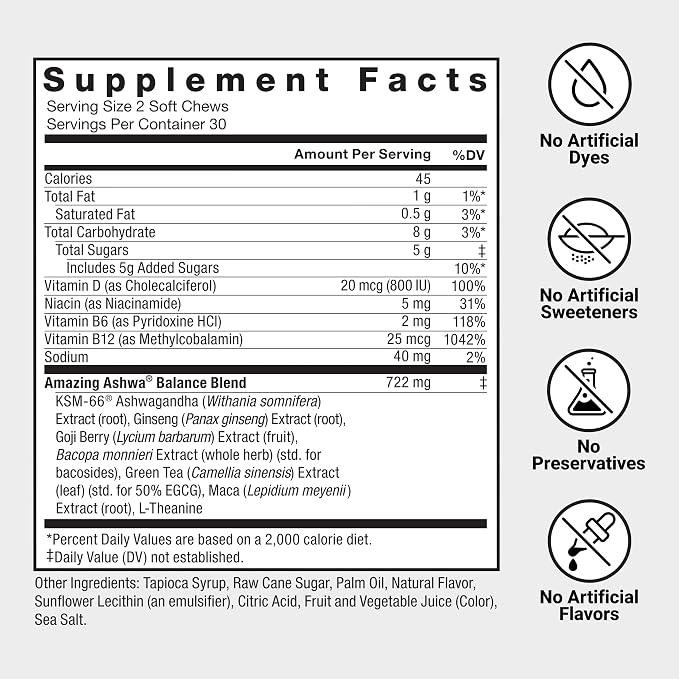 Force Factor Amazing Ashwa for Stress Relief, Memory, Focus, and Immune Support Health, Ashwaganda Supplement with KSM-66 Ashwagandha for Stress, 120 Soft Chews