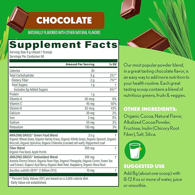 Amazing Grass Greens Blend Superfood: Super Greens Powder Smoothie Mix with Organic Spirulina, Chlorella, Beet Root Powder, Digestive Enzymes & Probiotics, Chocolate, 60 Servings (Packaging May Vary)