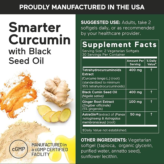 SMARTERNUTRITION Curcumin Softgels - Vegan High Absorption 400 mg Curcumin Supplement Standardized to 95% Tetrahydrocurcuminoids + Black Seed Oil & Ginger for Joint & Immune Health - 180 Ct