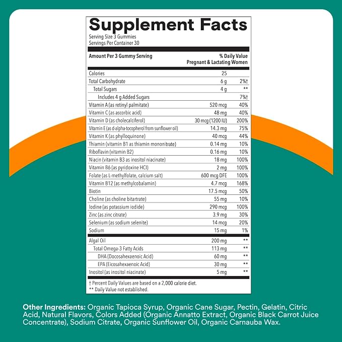 SmartyPants Prenatal Multivitamin Gummies, Omega 3 (DHA/EPA), Methylfolate, Biotin, Vitamin D3, C, Vitamin B12, B6, Vitamin A, K & Zinc, Gluten Free, 120 Count (40 Day Supply)