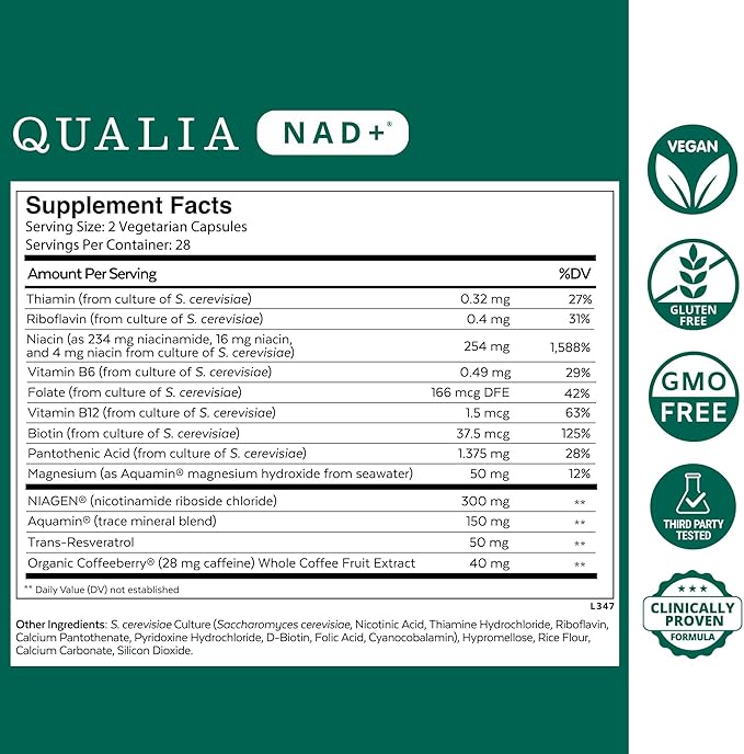 Qualia NAD Supplement — Clinically Proven to Boost NAD+ up to 67%. Optimized Aging, Energy, Focus. Elite Ingredients: Nicotinamide Riboside (NIAGEN,) Niacin, Niacinamide (3 Month Supply)