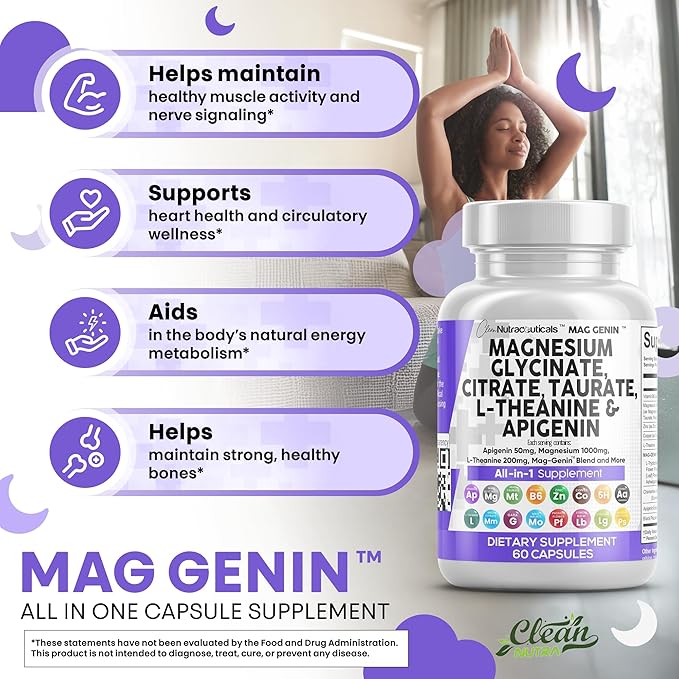 Clean Nutraceuticals Magnesium Glycinate Complex 1000mg with L-Theanine 200mg Apigenin 50mg Citrate Taurate Supplement (60 Count (Pack of 2))
