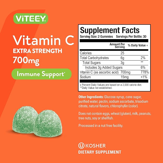 Viteey Chewable Vitamin C Gummies for Adults - 700mg Extra Strength Immune Support Supplement - Vegan, Gluten Free - 120 Count