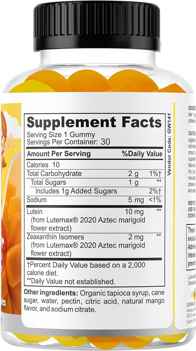 Kids Eye Vitamins - Eye Health Gummy for Kids & Teens, Lutein Gummies 12mg with Zeaxanthin 30 Easy-to-Chew, Mango Flavor Gummies - Natural, Vegan, and Non-GMO Formula