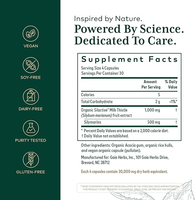 GAIA HERBS PRO Milk Thistle 1000 - Liver Health Support Supplement* - Liver Cell Health Supplement* with Silactive Milk Thistle Fruit Extract - 120 Capsules (30 Servings)
