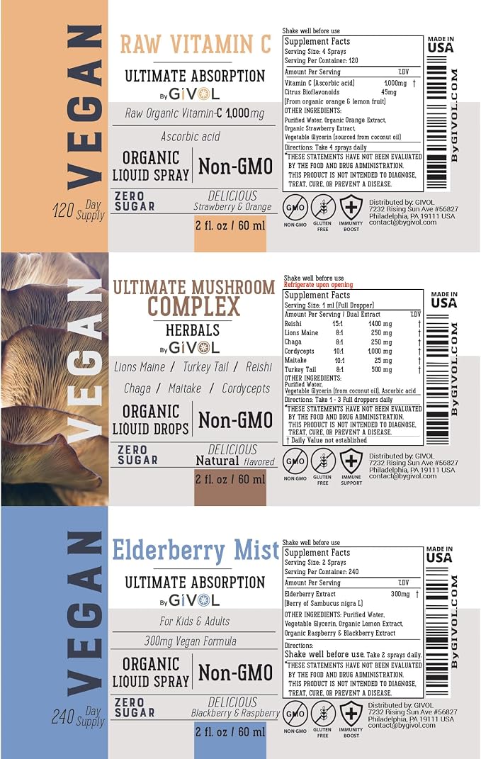 Antioxidant Powerhouse Bundle - Elderberry, Raw Vitamin C, Mushroom Complex - Nutriments, Phytonutrients & Cognitive Well-Being All in One Package - Multivitamins - 2 Fl Oz - 240 Days Supply