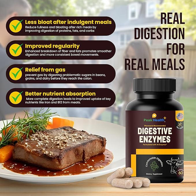 Peak Health, Digestive Enzymes for Foodies | Digestive Support for Meat, Carbs, Fat, Milk and Vegetable Digestion – Pharmacist Formulated 60 Count - USA