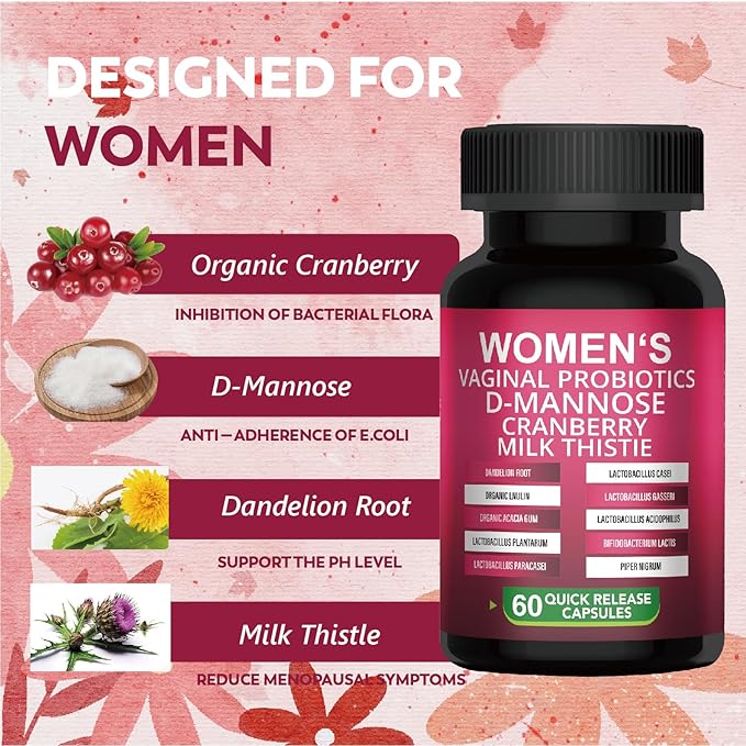 Women's Vaginal Probiotics 100B CFU with D-Mannose & Organic Cranberry | pH Balance & Yeast Balance Support | Doctor-Formulated + Prebiotics | Vegan & Non-GMO