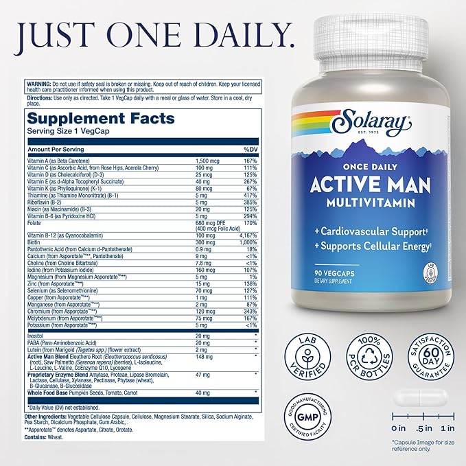SOLARAY Once Daily Active Man Multivitamin - Cellular Energy and Immune Support Supplement w/Vitamin D, Vitamin C, B12, B6, Zinc, Lutein, Digestive Enzymes, Whole Foods, 60-Day Guarantee, 90 Servings