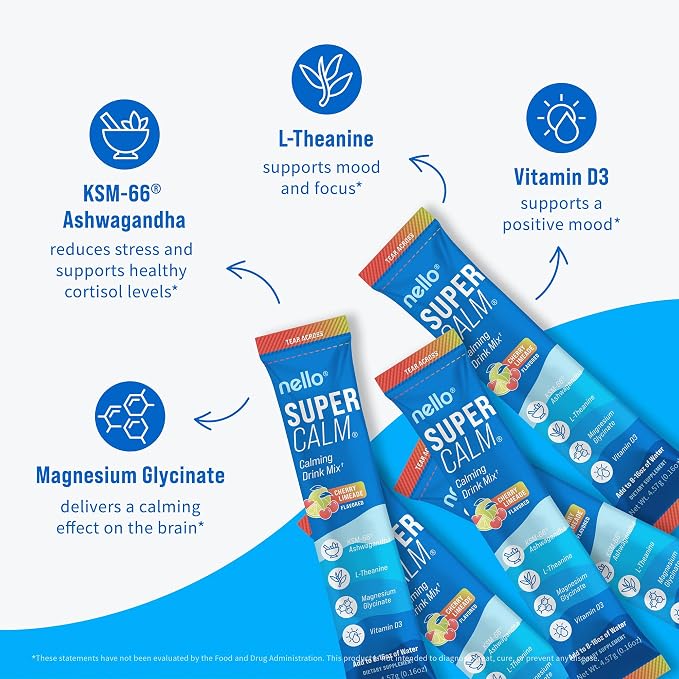 Nello Supercalm Powdered Drink Mix, Cortisol Reducer* and Sleep Aid Supplement, L Theanine, Ksm-66 Ashwagandha, Magnesium Glycinate, Vitamin D 3, No Sugar, Non GMO, On The Go, 20 Ct, Cherry Limeade