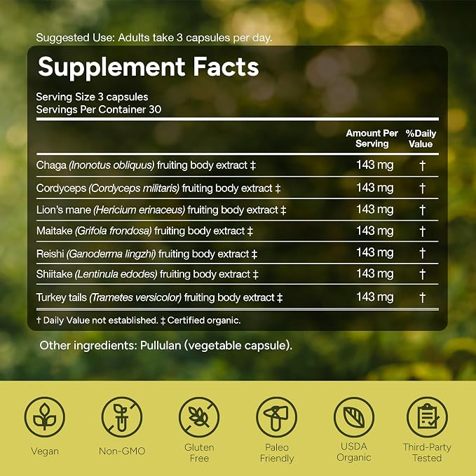 Naturealm Sacred 7 Mushroom 7-in-1 Blend Capsules Supplement (30 Day Supply) | Supports Daily Immune Defense & Focus | Lions Mane, Reishi, Chaga & More | Organic, Premium 100% Fruiting Body Extract