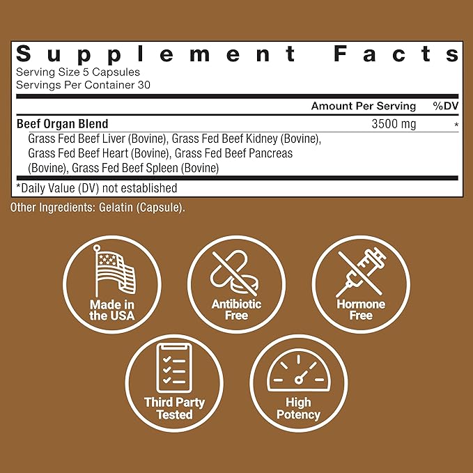 Force Factor Primal Origins Grass-Fed Beef Organs, Pasture-Raised Supplement with Liver, Kidney, Heart, Pancreas & Spleen, Hormone & Antibiotic Free, Non-GMO, 3500mg, 150 Capsules