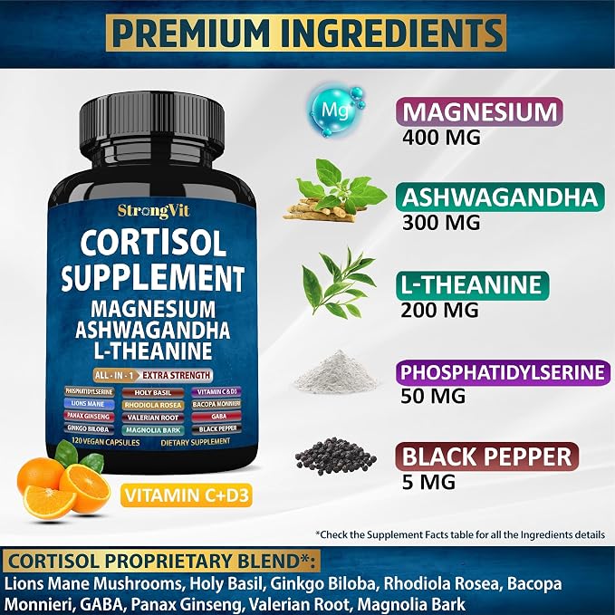 StrongVit Cortisol Supplements for Women and Men with Magnesium, Ashwagandha & L-Theanine. High Cortisol Reducer, Manager, Detox, Lower and Control. Sleep Support & Stress Relief, USA (120 Capsules)