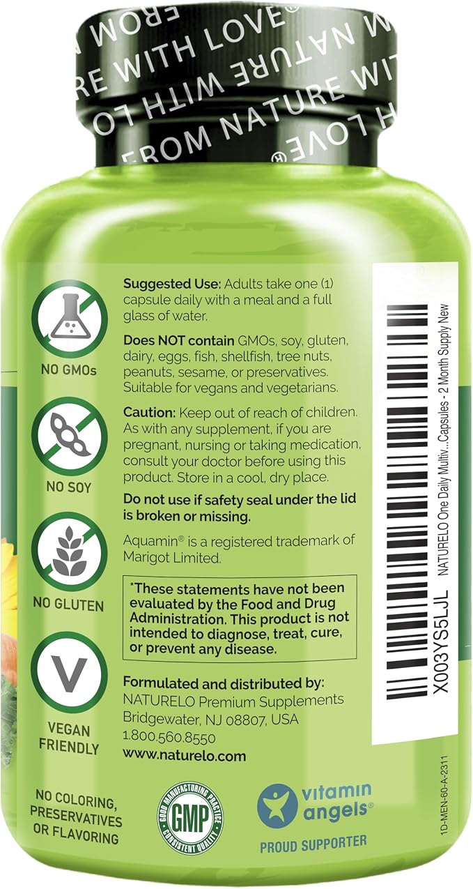 NATURELO Mens Multivitamins - One Daily Multivitamin for Men with Vitamins, Minerals & Organic Whole Foods, Boost Energy & Health, Non-GMO, 60 Vegetarian Capsules