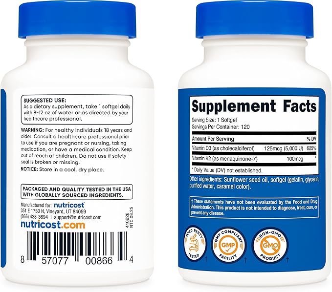 Nutricost Vitamin K2 (MK7) (100mcg) + Vitamin D3 (5000 IU) 120 Softgels - Gluten Free and Non-GMO (Pack of 2)