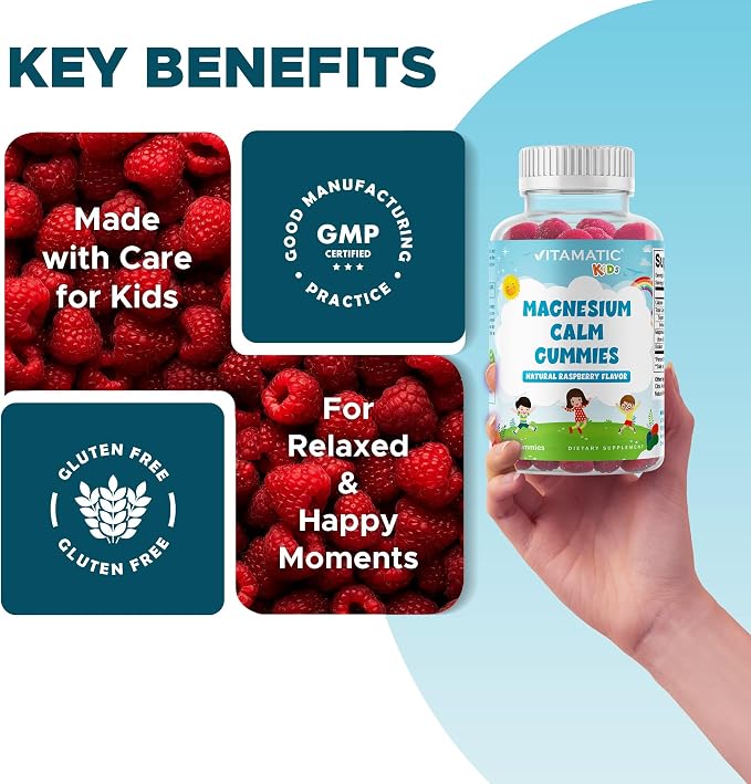 Vitamatic Kids Magnesium Calm Gummies - 60 Vegan Count - Great Tasting - Promote Healthy, Muscle, Bone, & Energy Support