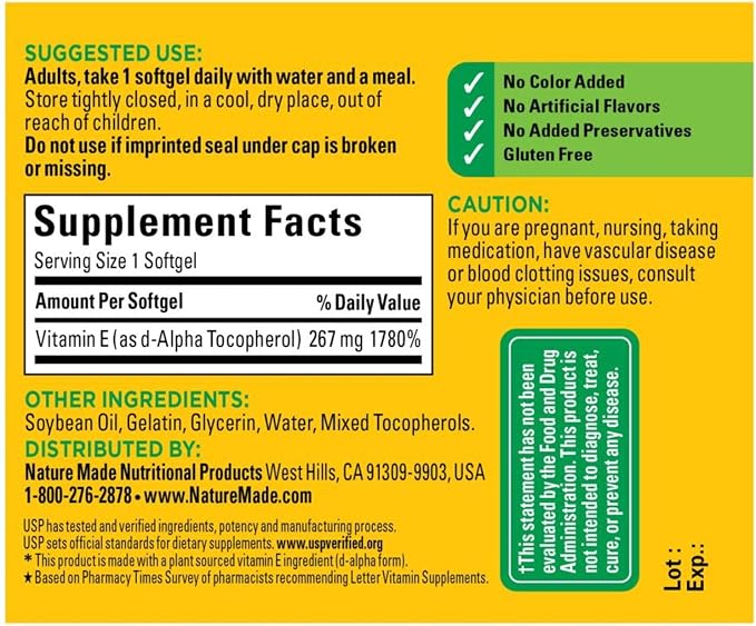 Nature Made Plant Sourced Vitamin E 267 mg (400 IU) d-Alpha Softgels, 100 Count for Antioxidant Support (Pack of 3)
