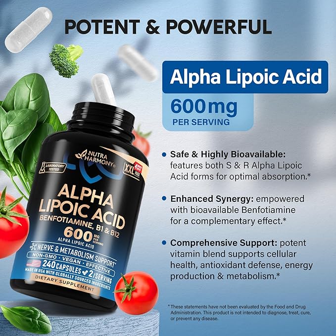 Alpha Lipoic Acid 600mg - ALA Supplement Antioxidant for Nerve, Energy & Metabolism Support - Extra Strength with Benfotiamine, B1 & B12 - Lab Tested, NON-GMO & Vegan - 240 Capsules, 4 Month Supply
