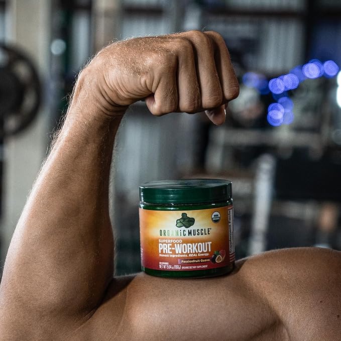 Organic Muscle Organic Pre Workout Powder, Passionfruit Guava — USDA Organic Superfood Blend | Maca, Beet Root, Cordyceps, Rhodiola | 150mg Natural Caffeine, Vegan, No Jitters, 20 Servings