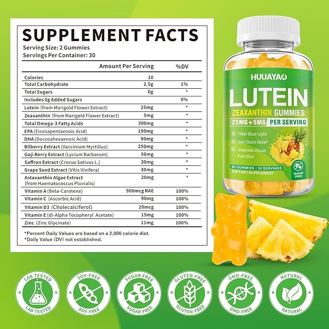 Lutein Gummies 25mg, Lutein and Zeaxanthin Supplements Eye Vitamins Gummies for Support Blue Light Protection, Vision & Overall Eye Health, Sugar Free, Pineapple Flavor, 120 Count