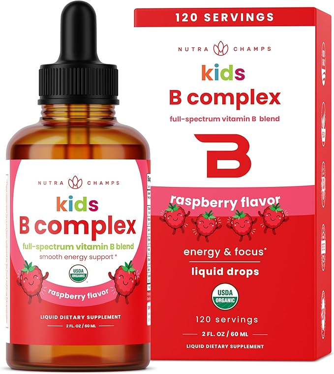 NutraChamps Vitamin B Complex for Kids, B1, B2, B3, B6, B7, B9 & Methyl B12, Kids B Complex Liquid Drops Supplement, Energy, Focus, Metabolism, Natural Berry, 120 Servings, 4 Month Supply