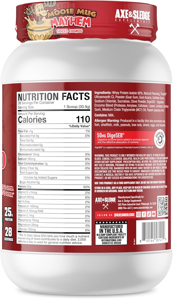 Axe & Sledge Farm Fed 100% Whey Protein Isolate | 25g Protein | Low Carb, Low Sugar, Gluten Free | Protein Powder for Men and Women | Keto | Moose Mug Mayhem Spiced Eggnog