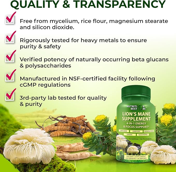 Organic Lion's Mane Supplement Capsules - Contains Naturally Occurring Beta Glucans & Polysaccharides, Enhanced with Organic Energy & Focus Support Blend: Cordyceps, Rhodiola Rosea, Ginseng, 120 Count