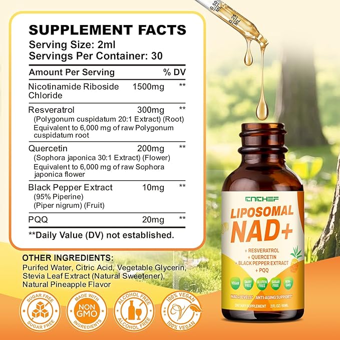 Liposomal NAD Supplement - 1500mg NAD+ Liquid Drop for Women & Men Nicotinamide Riboside Chloride & Resveratrol Complex - Cellular Renewal, Anti-Aging Support - 30 Servings (2 fl oz)