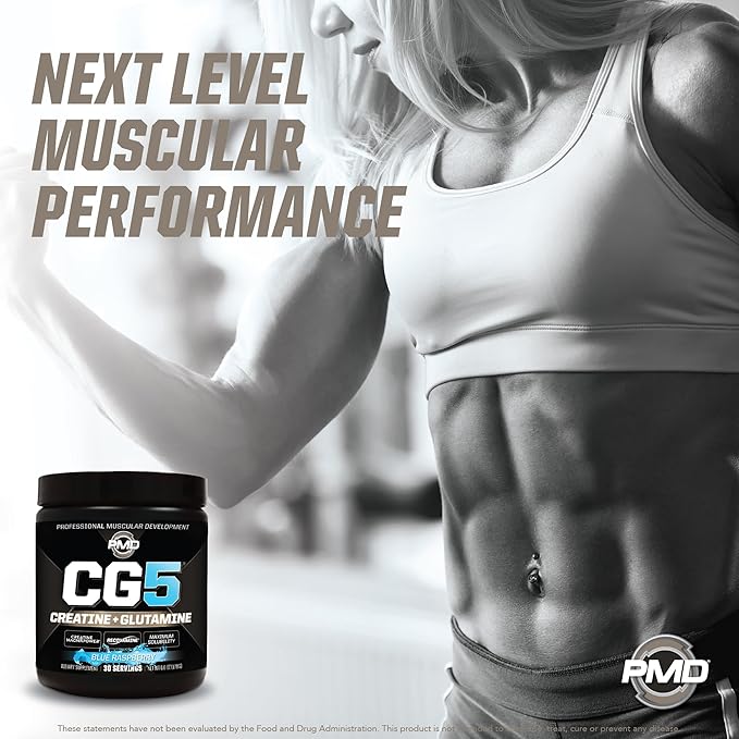 PMD Sports CG5 - Premium Creatine & L Glutamine Powder - Maximum Strength Power Recovery, Build Lean Muscle, Increase Workout Performance - Pre Workout & Post Workout - Blue Raspberry (30 Serv)