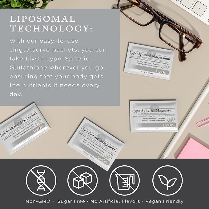 LivOn Laboratories Lypo-Spheric Magnesium L-Threonate - 30 Packets - 77mg Per Packet - Liposome Encapsulated for Maximum Bioavailability - Professionally Formulated - 100% Non-GMO